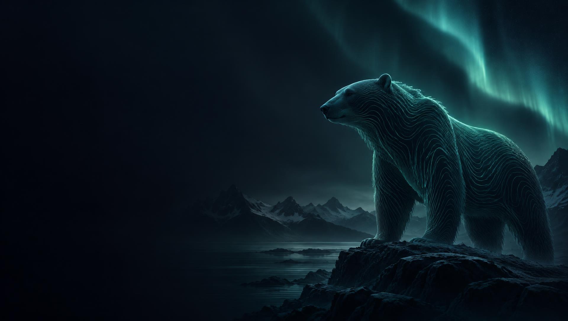 Ours polaire stylisé, symbole Obsiden, sous une aurore boréale turquoise